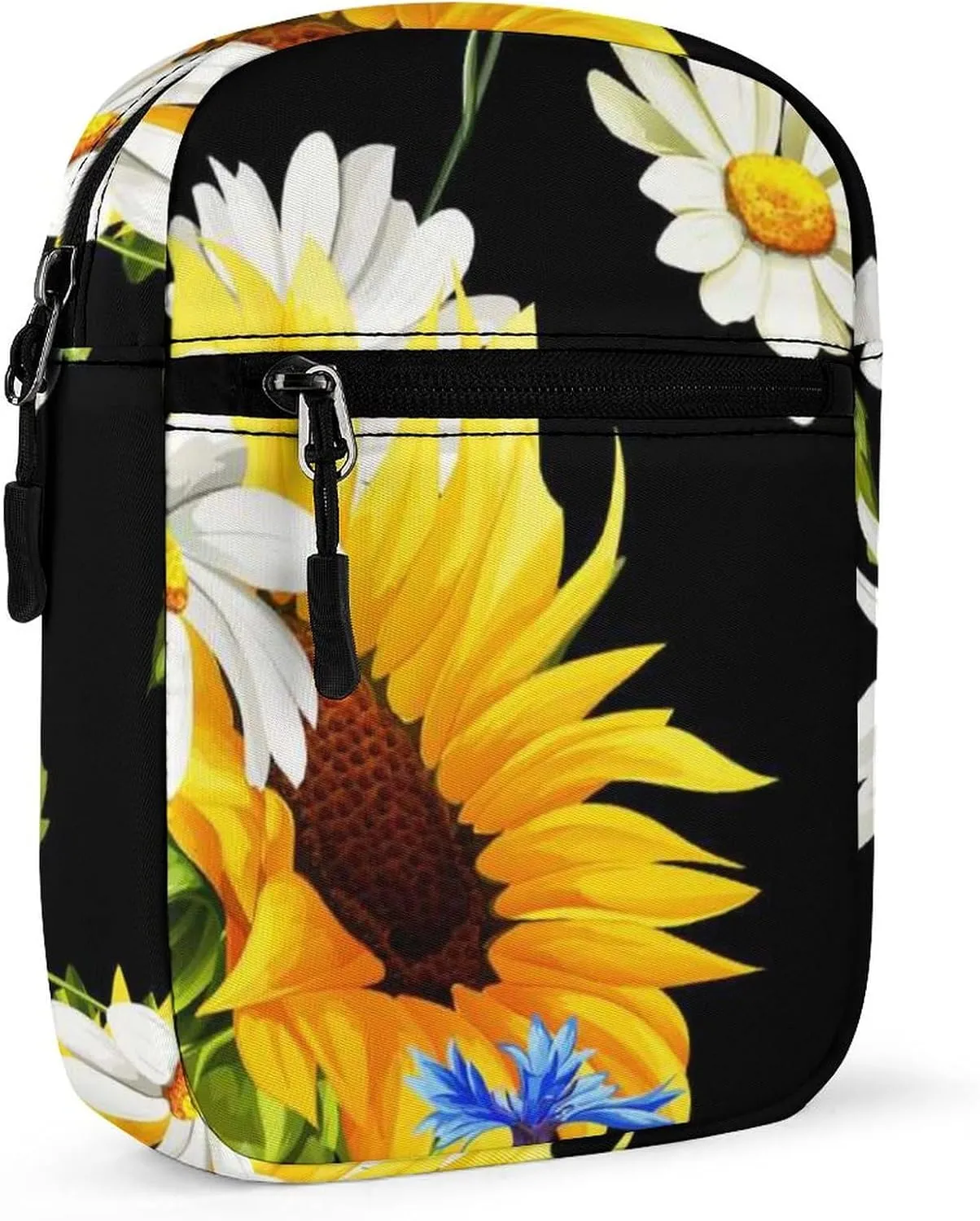 Yellow Sunflower, White Chamomile, Blue Cornflower on Black Adjustable Fanny Waist Pack Pouch, Waterproof Crossbody Runners Bag Wallet for Gym Hiking Fitness Women Men 6.1 x 2.2 x 7.9 inch