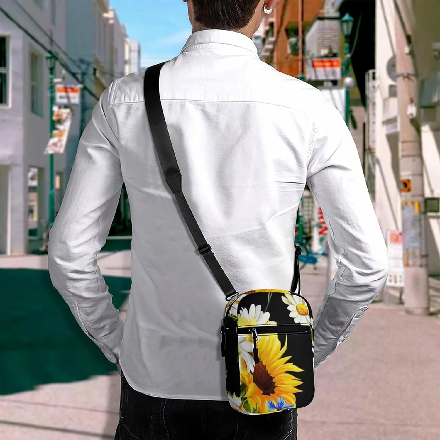 Yellow Sunflower, White Chamomile, Blue Cornflower on Black Adjustable Fanny Waist Pack Pouch, Waterproof Crossbody Runners Bag Wallet for Gym Hiking Fitness Women Men 6.1 x 2.2 x 7.9 inch