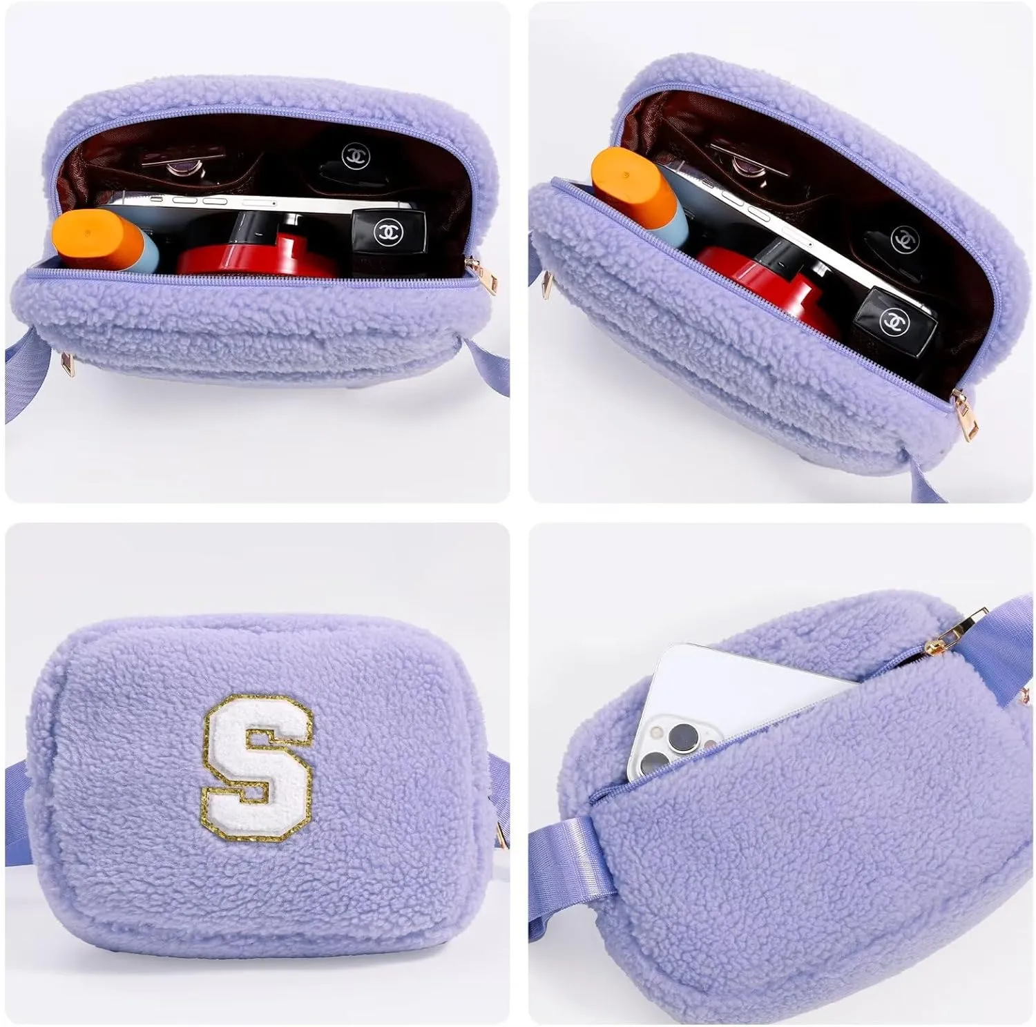 YOOLIFE Birthday Gifts for Women Daughter Sister Friends Mom Girlfriend Aunt Niece, Fleece Belt Bag Initial Fanny Pack Crossbody Bag, Purple S