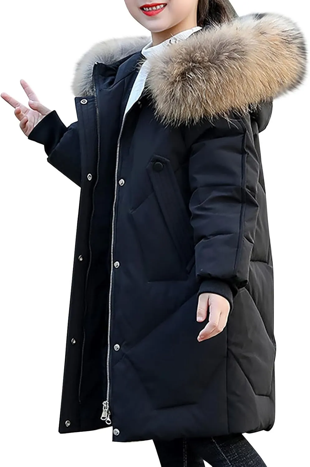 Youth Girls Long Heavyweight Puffer Jacket with Fur Hood Winter Coat Kids Thicken Padded Down Coat Snow Ski Jacket