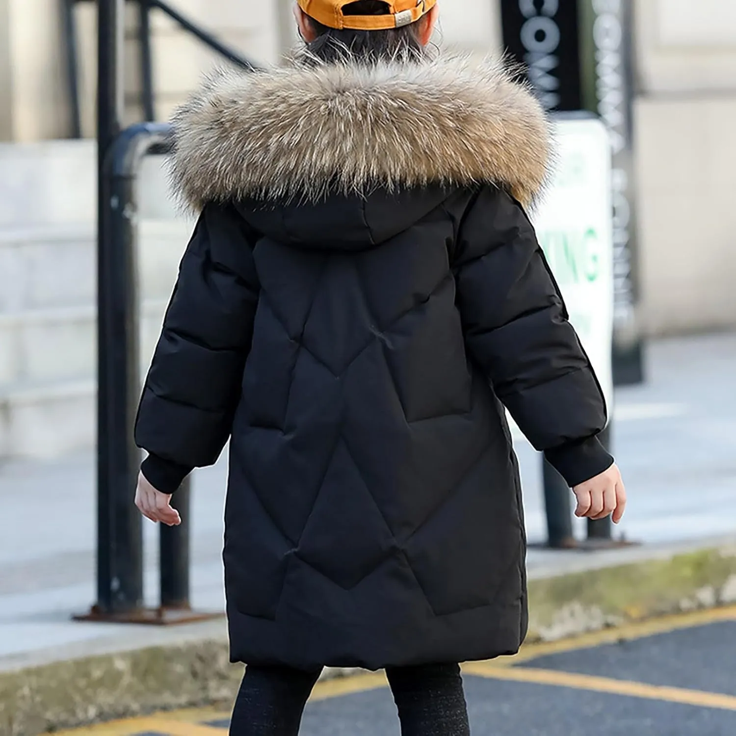Youth Girls Long Heavyweight Puffer Jacket with Fur Hood Winter Coat Kids Thicken Padded Down Coat Snow Ski Jacket