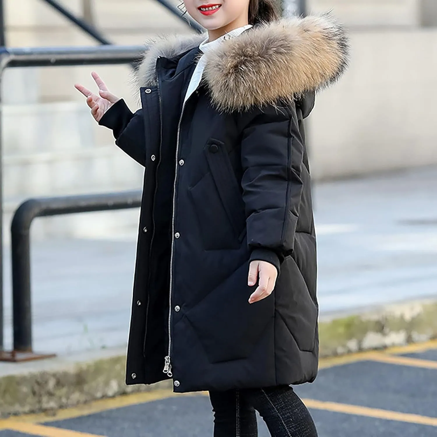 Youth Girls Long Heavyweight Puffer Jacket with Fur Hood Winter Coat Kids Thicken Padded Down Coat Snow Ski Jacket