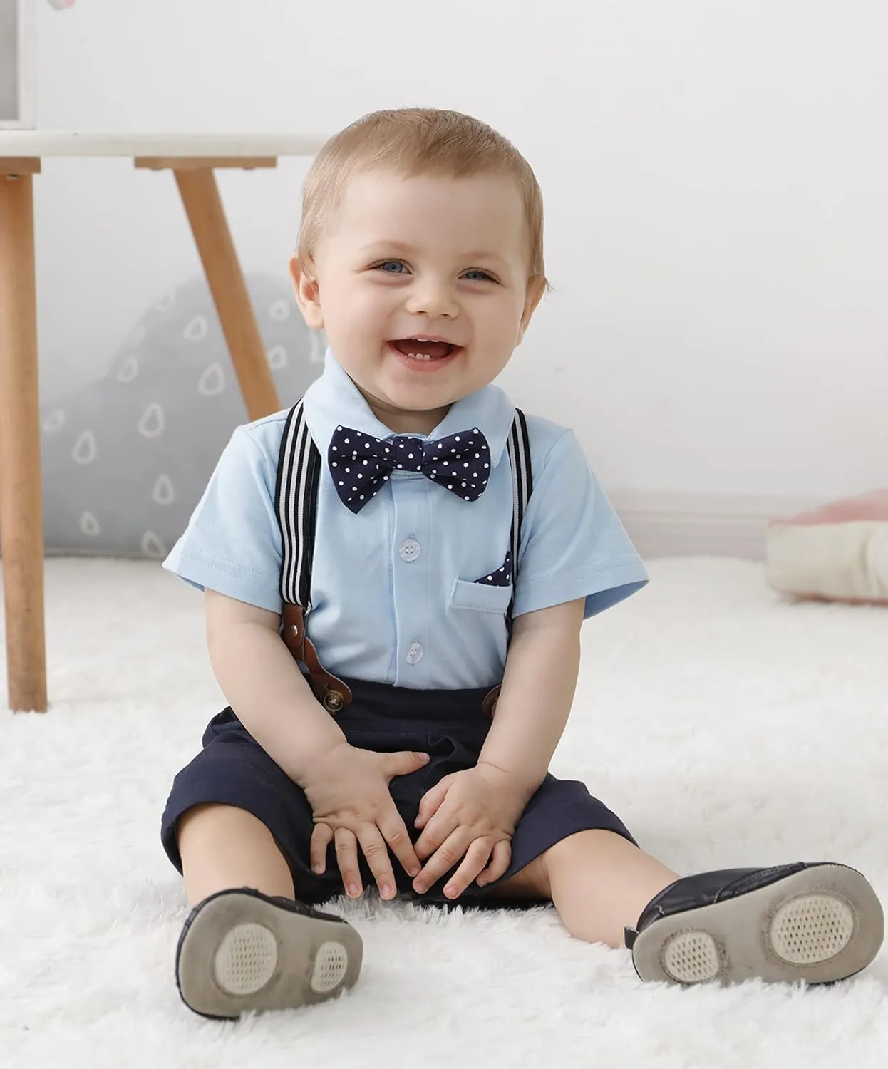 YUEMION Infant Baby Boy Clothes Gentleman Outfits Suits Summer Short Sleeve Bowtie Bodysuit Shirts   Suspender Shorts(0-24M)