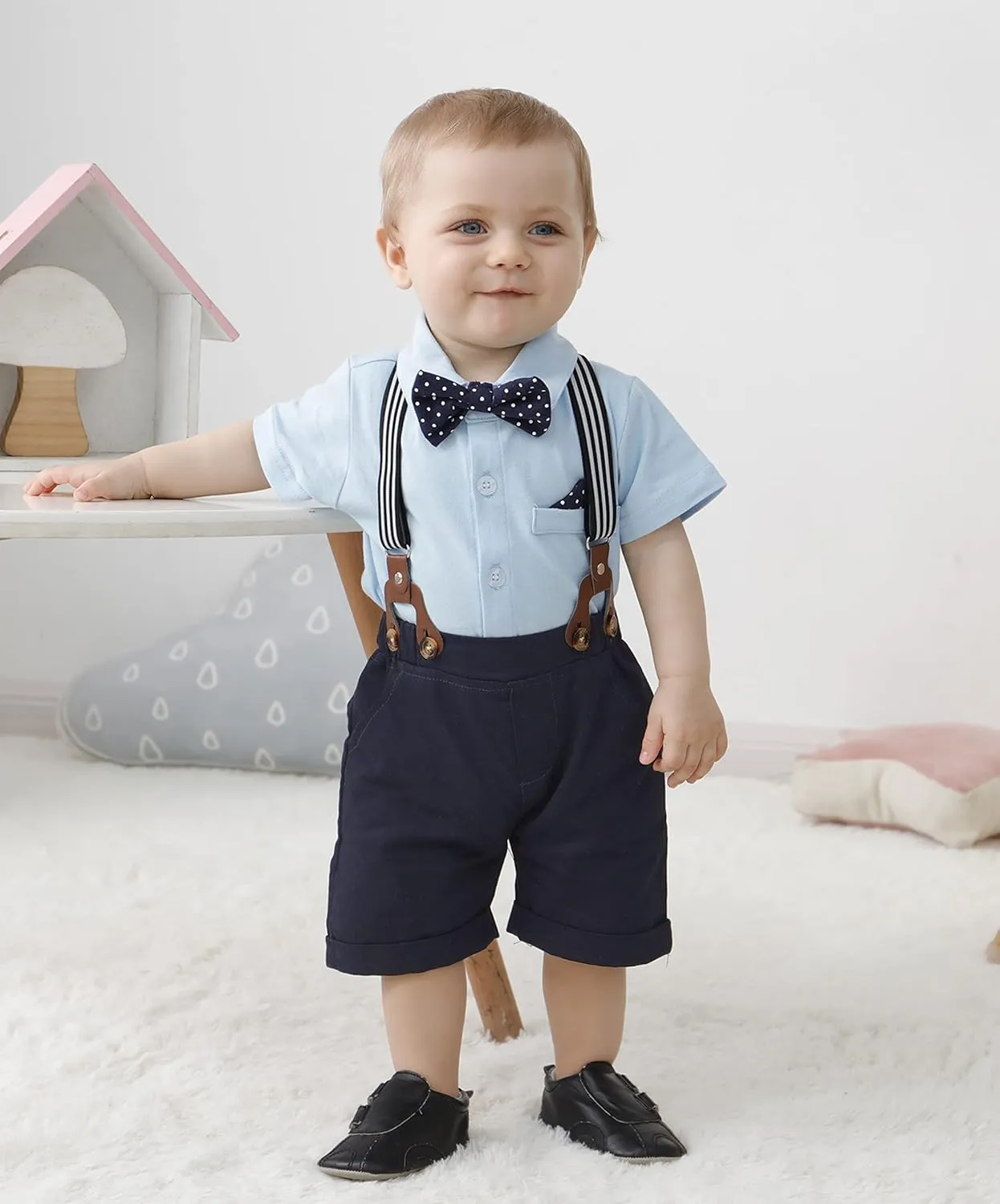 YUEMION Infant Baby Boy Clothes Gentleman Outfits Suits Summer Short Sleeve Bowtie Bodysuit Shirts   Suspender Shorts(0-24M)