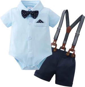 YUEMION Infant Baby Boy Clothes Gentleman Outfits Suits Summer Short Sleeve Bowtie Bodysuit Shirts   Suspender Shorts(0-24M)