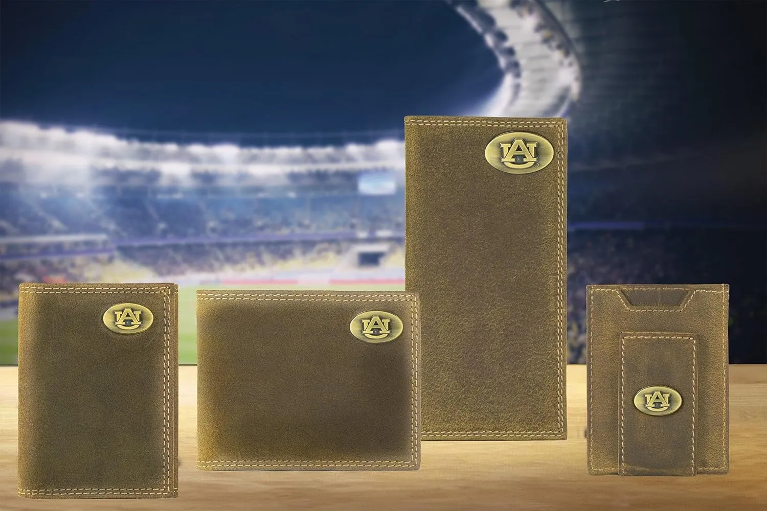 ZEP-PRO NCAA Auburn Tigers Vintage Tan Leather Trifold Wallet, Slim Stylish for Men
