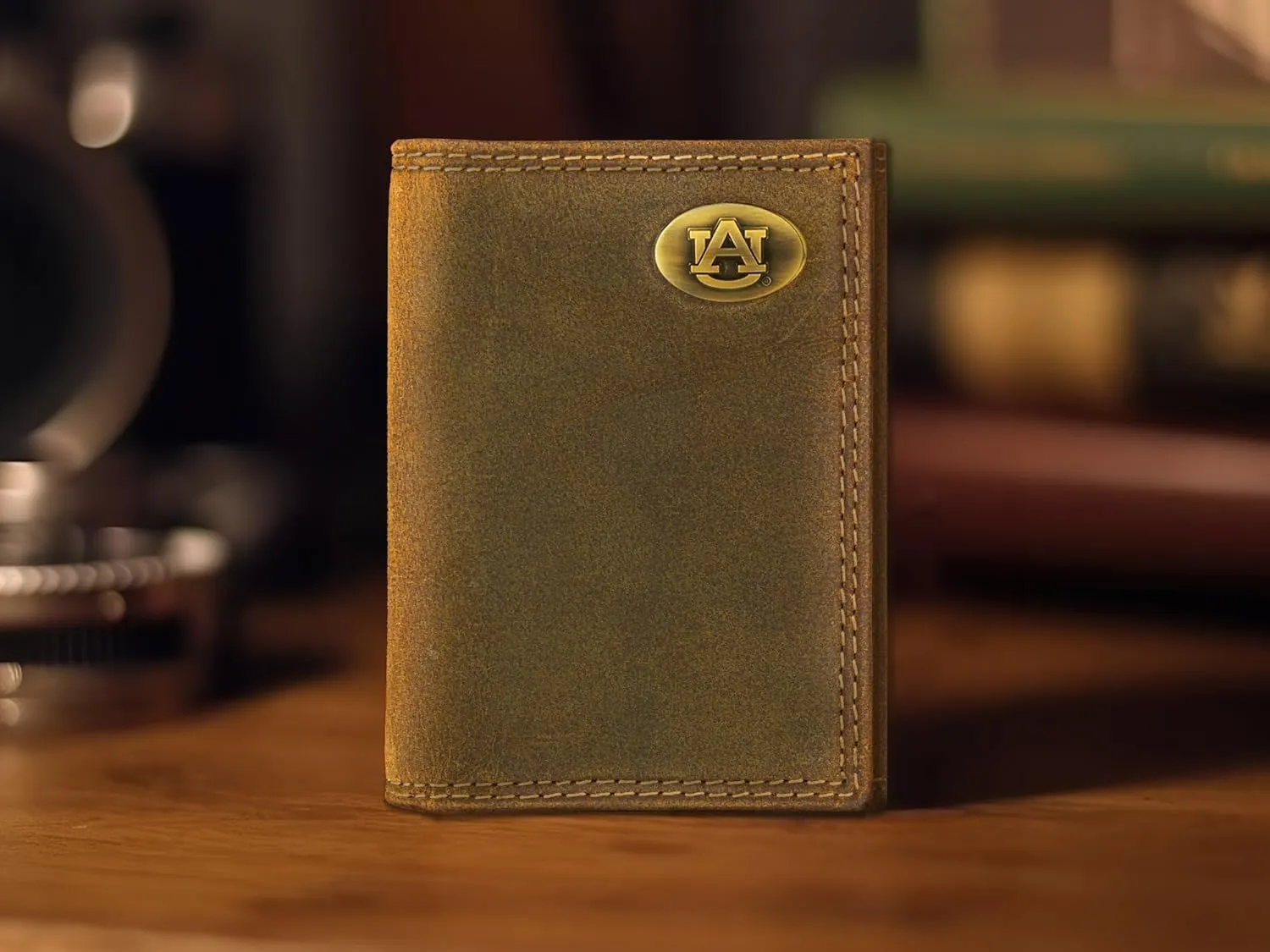 ZEP-PRO NCAA Auburn Tigers Vintage Tan Leather Trifold Wallet, Slim Stylish for Men