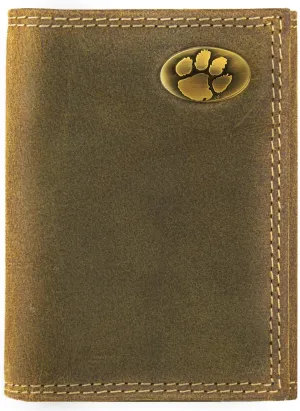 ZEP-PRO NCAA Clemson Tigers Vintage Tan Leather Trifold Wallet, Slim Stylish for Men