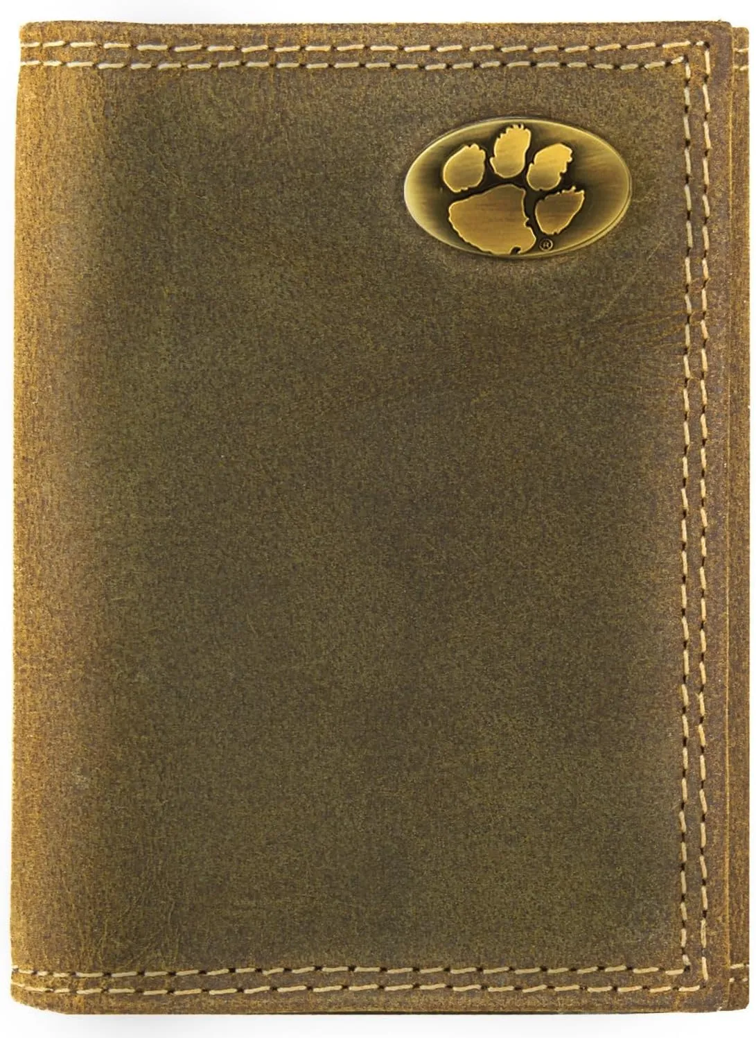 ZEP-PRO NCAA Clemson Tigers Vintage Tan Leather Trifold Wallet, Slim Stylish for Men